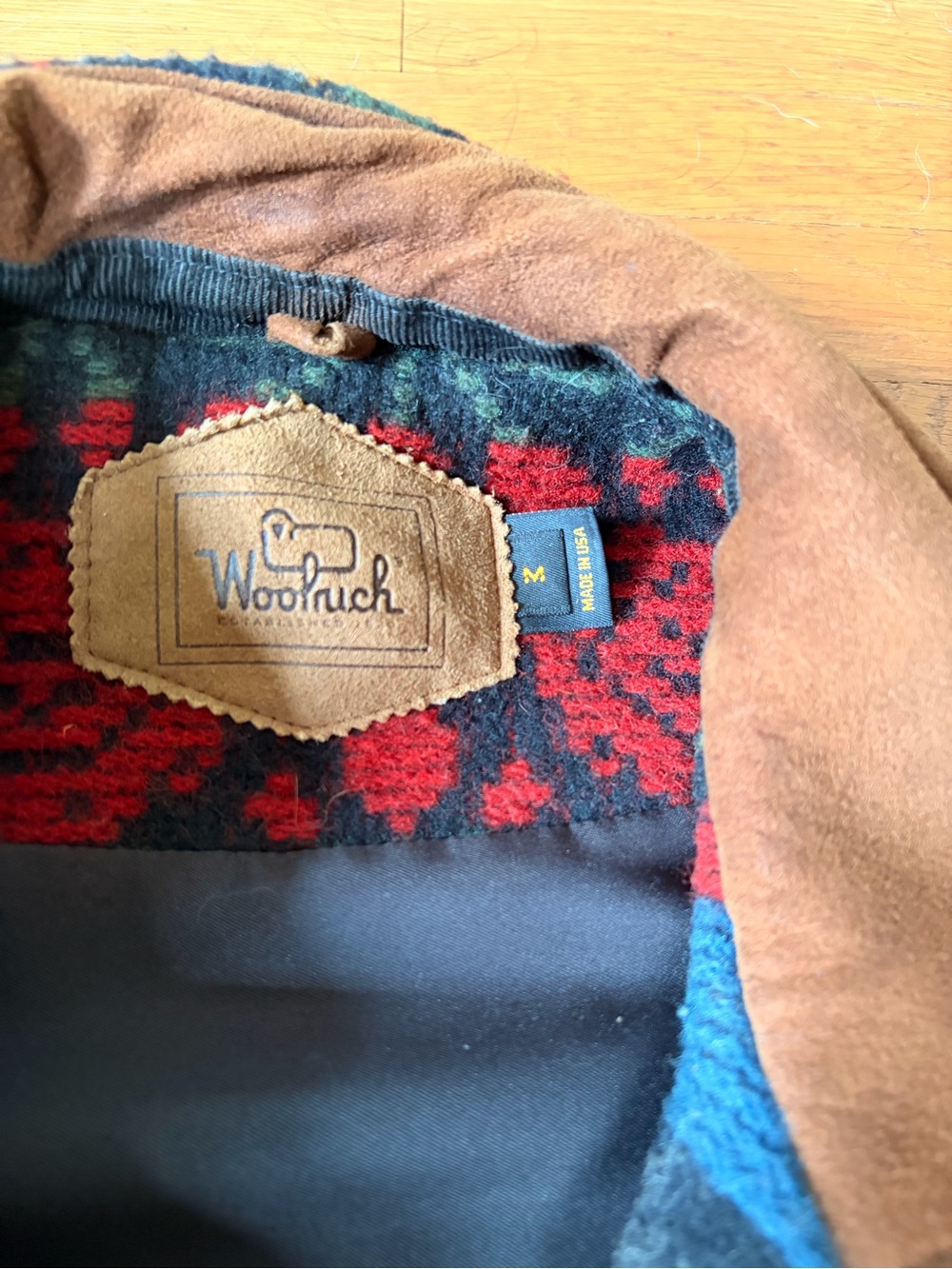 Woolrich Red and Blue Patterned Wool Jacket with Brown Collar - Picture 2 of 4